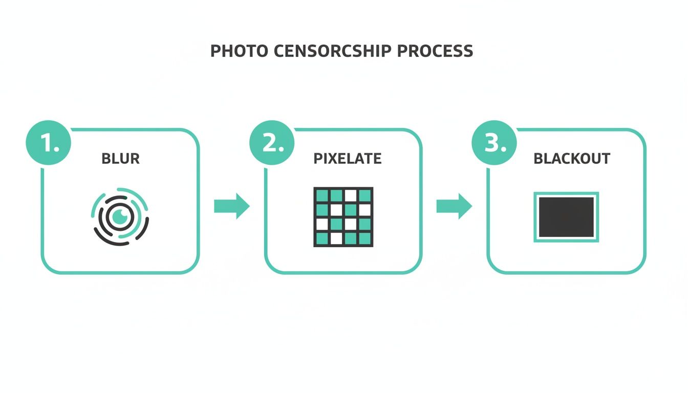 Schéma des trois méthodes de censure : flou, pixellisation et masque noir, avec icônes explicatives.